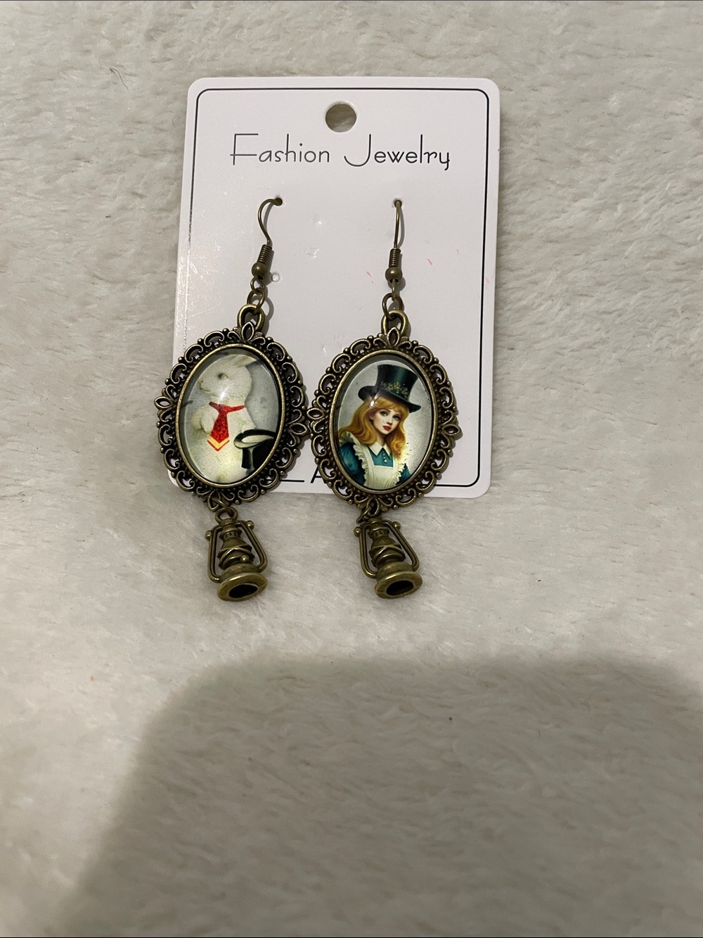 Fashion Jewelry Bronze Alice-Themed Drop Earrings with Red & Teal Accents
